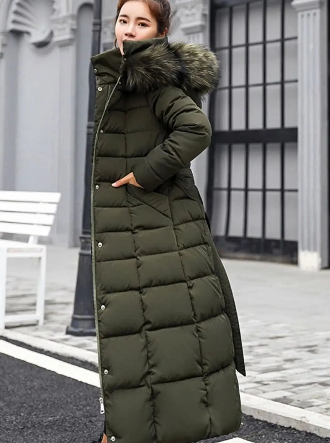 Women's Long Belted Quilted Hooded Puffer Coat with Fur Trim