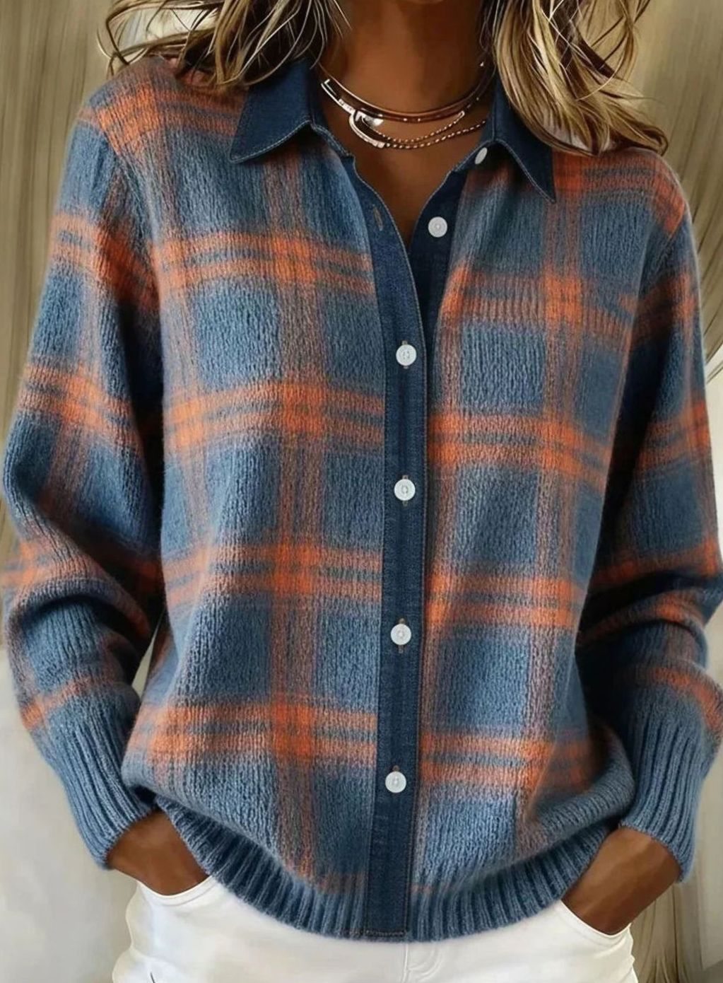 Women's Long Checked Button-Front Cardigan Sweater