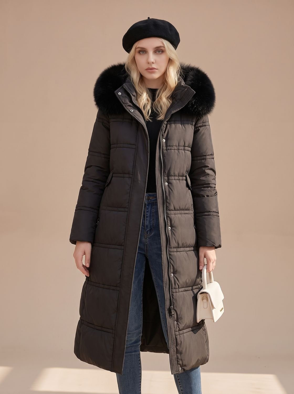 Women's Long Fur-Hooded Winter Puffer Parka