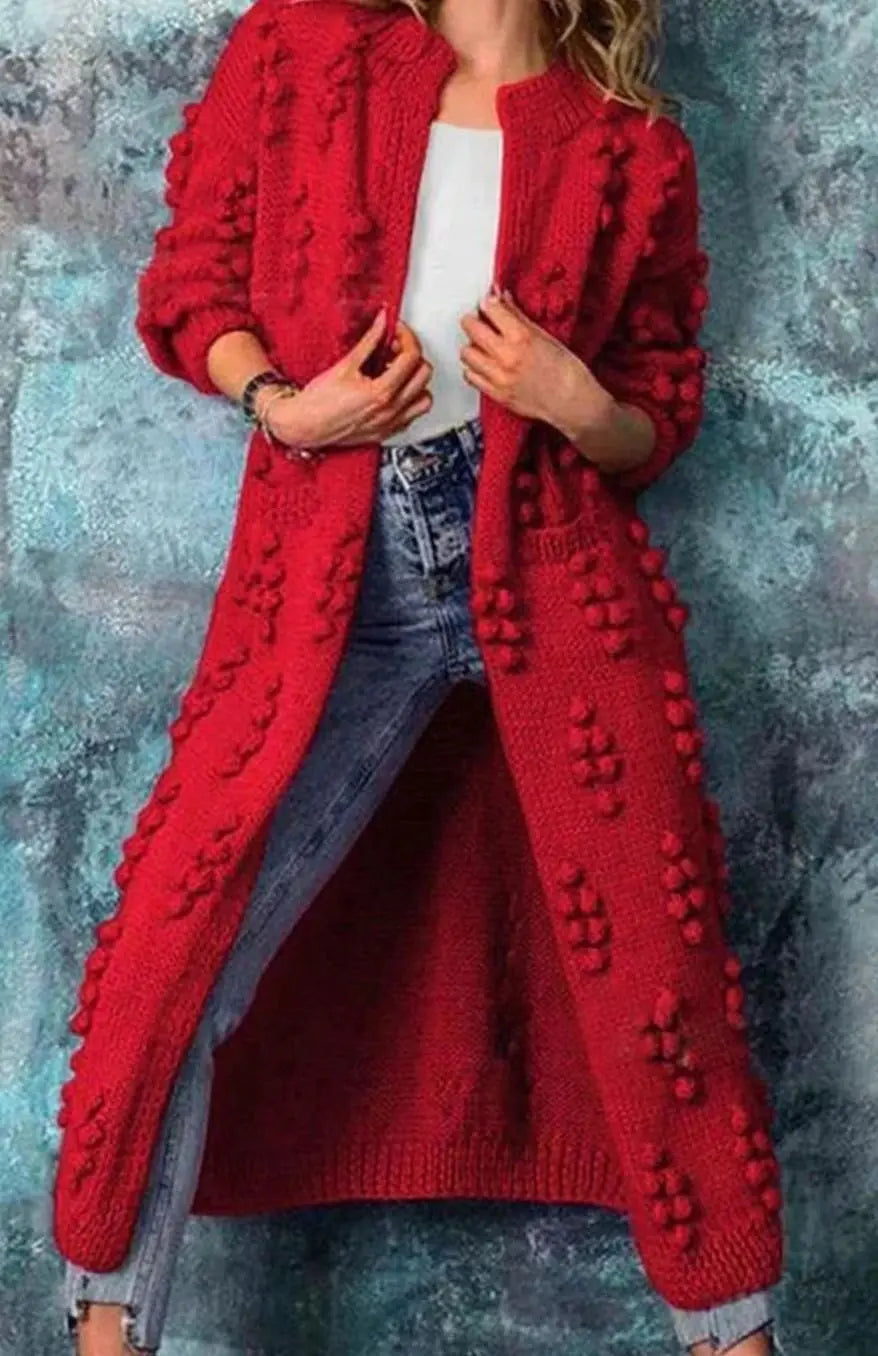 Women's Long Pom-Detail Open-Front Knitted Cardigan