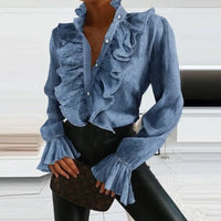 Women's Long Sleeve Blouse with Deep V-Neck and Button Closure