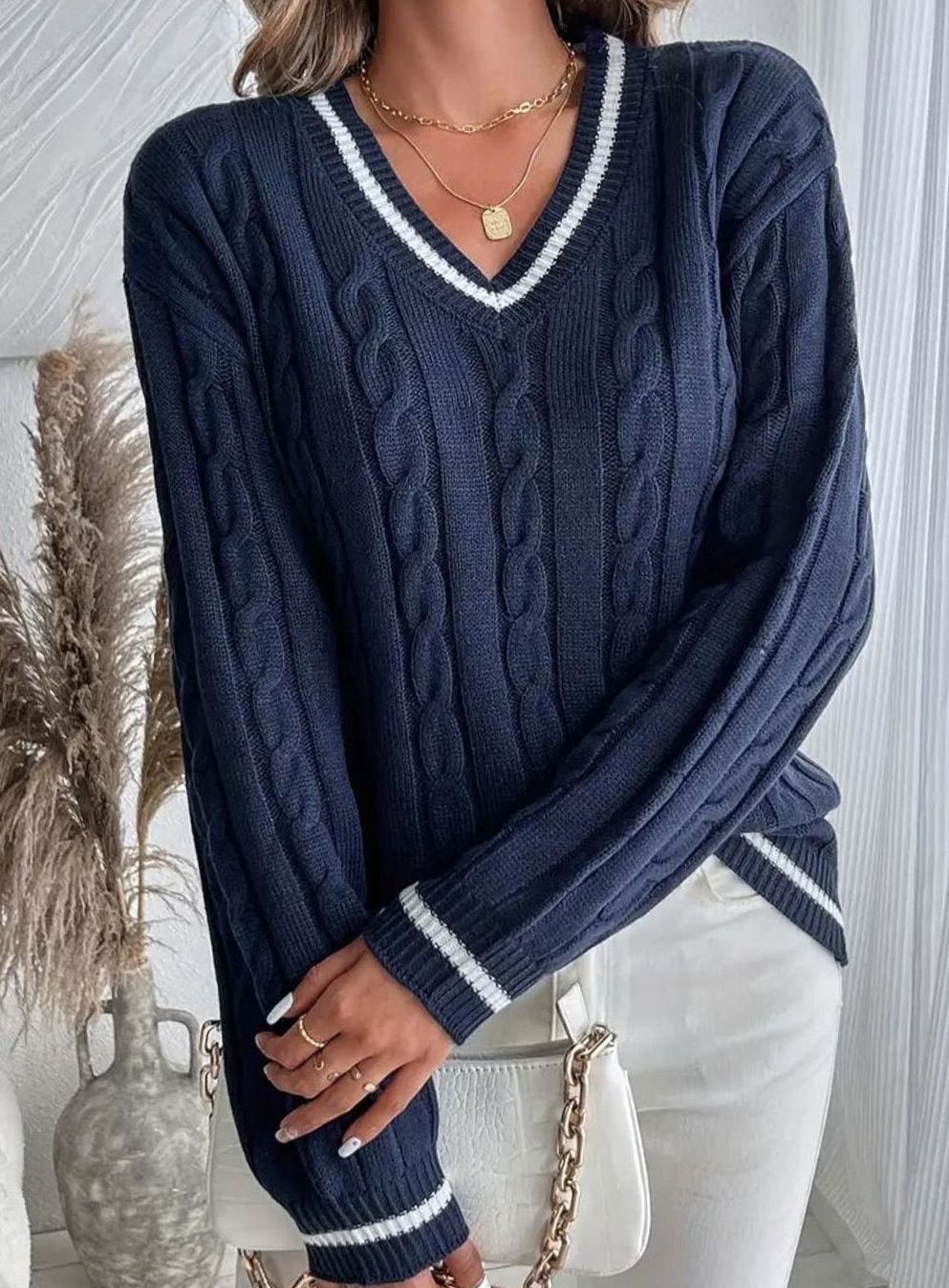 Women's Long Sleeve Cable Knit V-Neck Sweater with Striped Trim