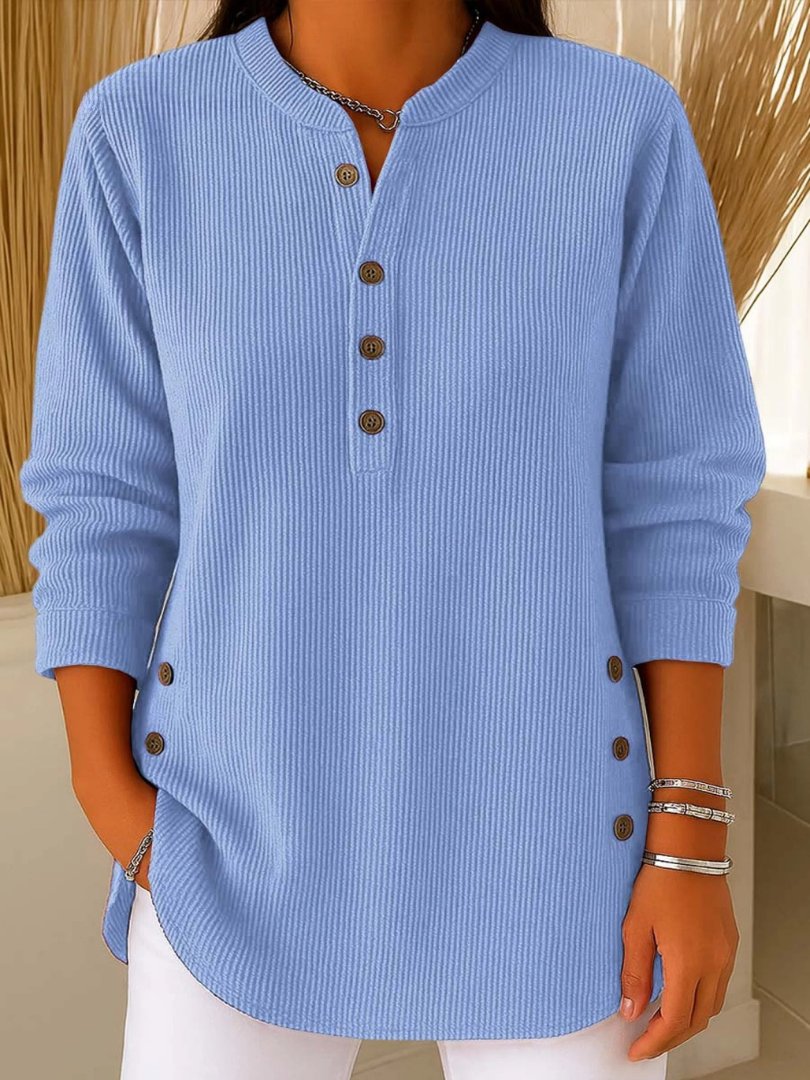 Women's Long-Sleeve Ribbed Knit Sweater with Button Details