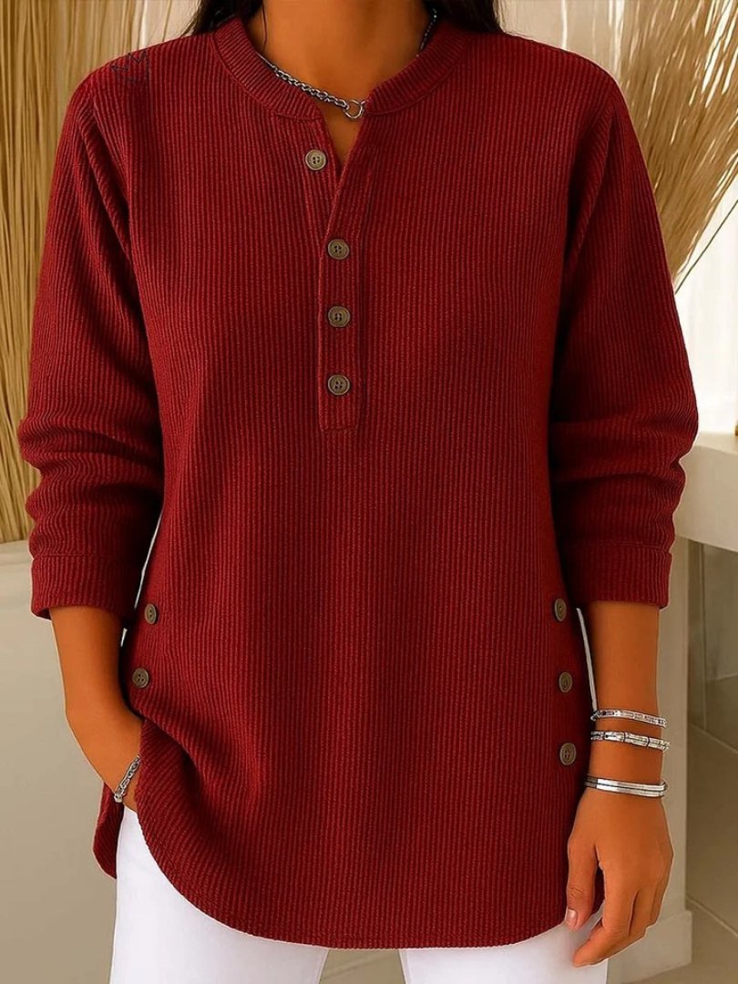 Women's Long-Sleeve Ribbed Knit Sweater with Button Details