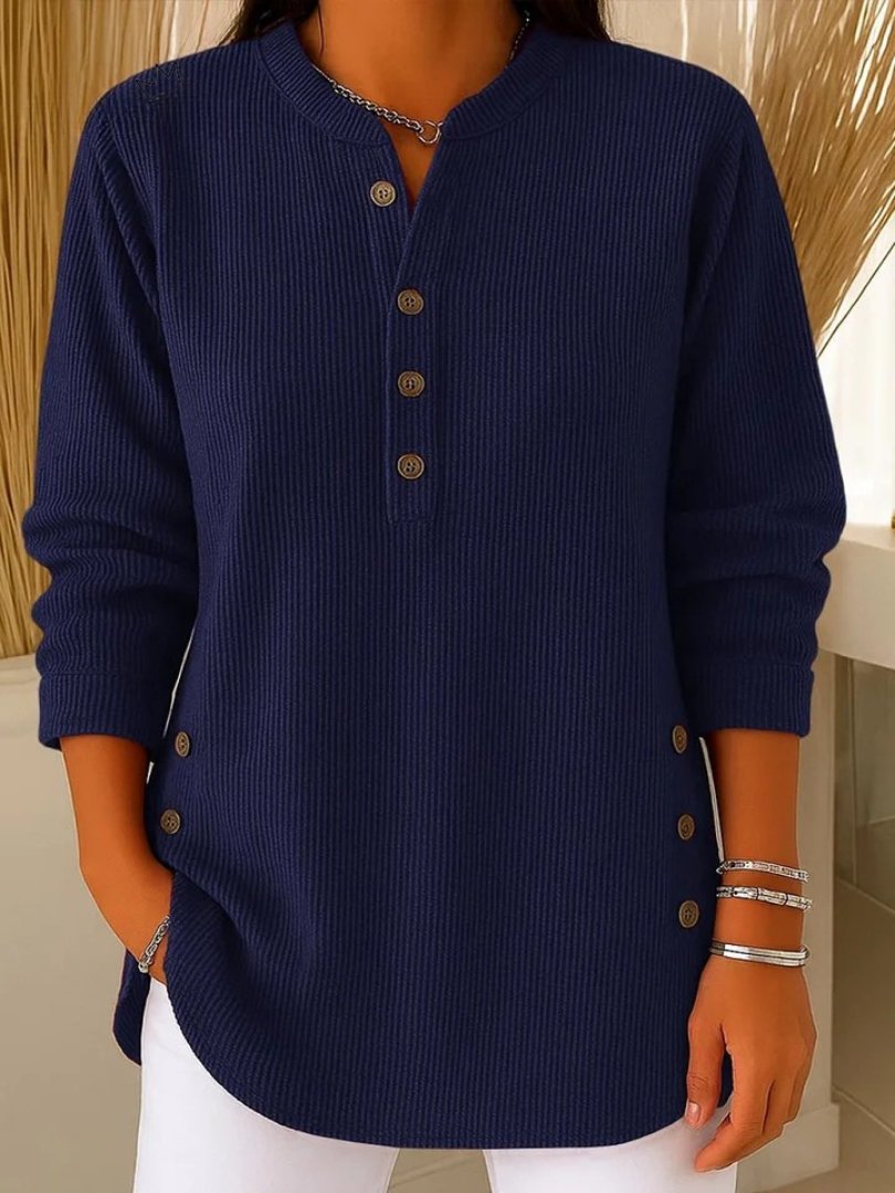 Women's Long-Sleeve Ribbed Knit Sweater with Button Details