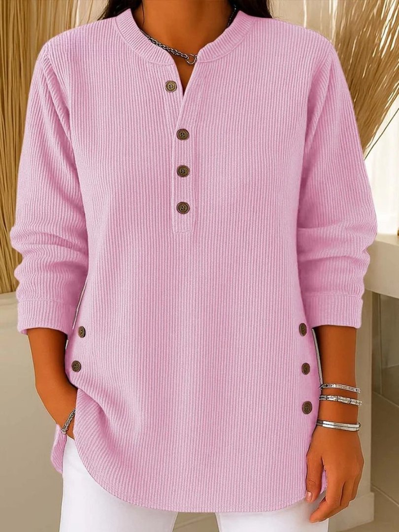 Women's Long-Sleeve Ribbed Knit Sweater with Button Details
