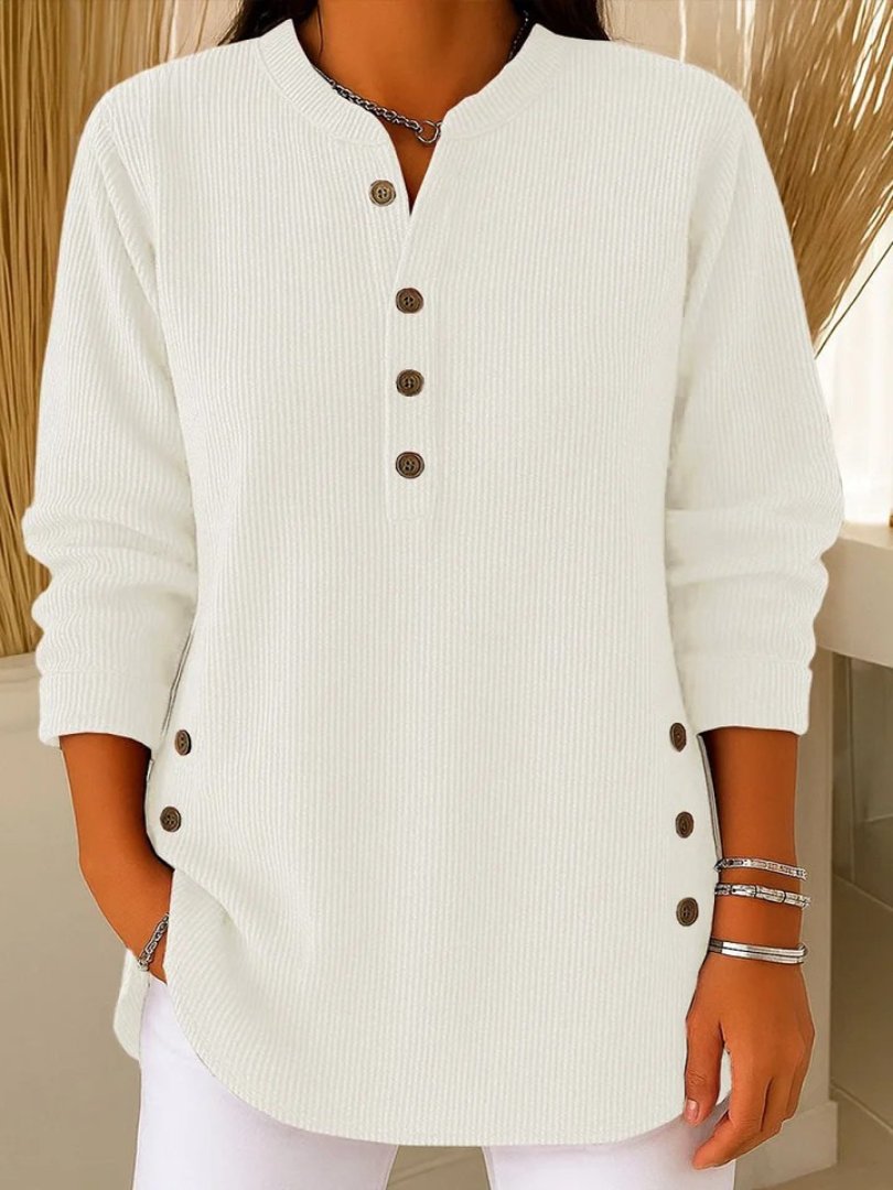 Women's Long-Sleeve Ribbed Knit Sweater with Button Details