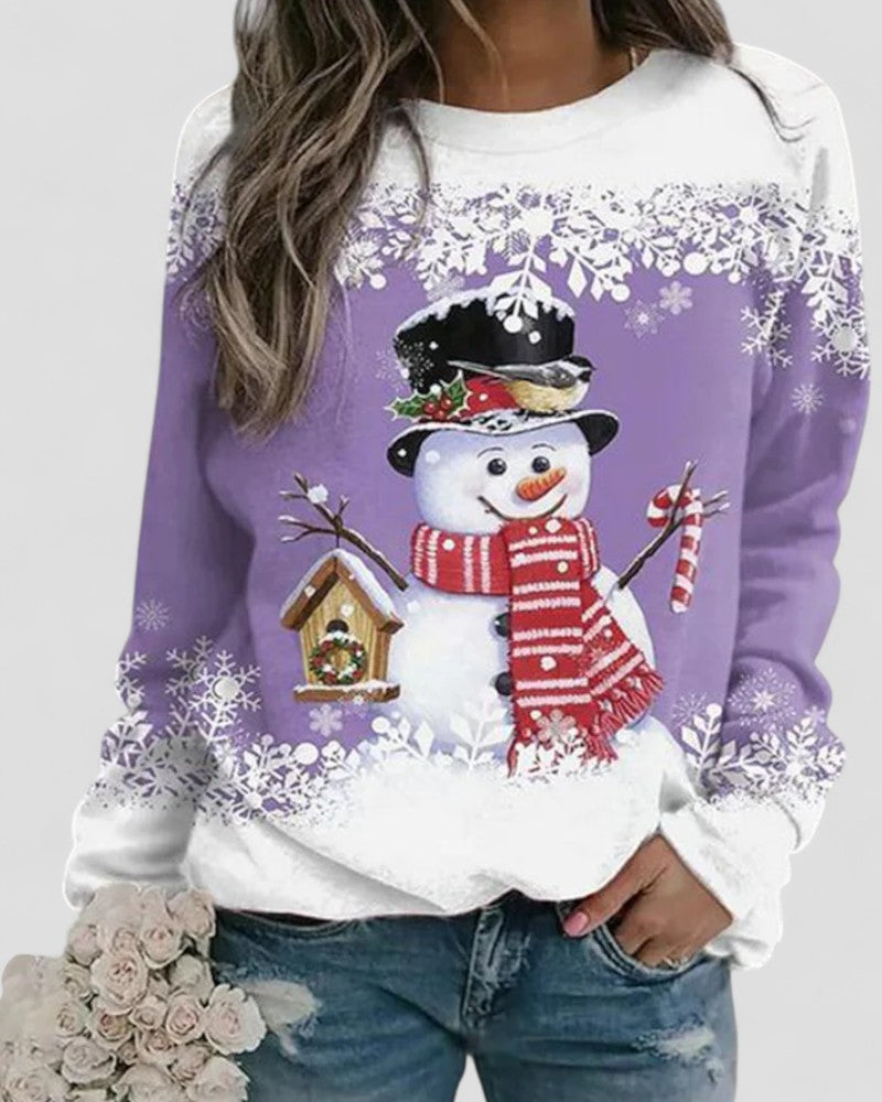 Women's Long-Sleeve Snowman Print Sweatshirt