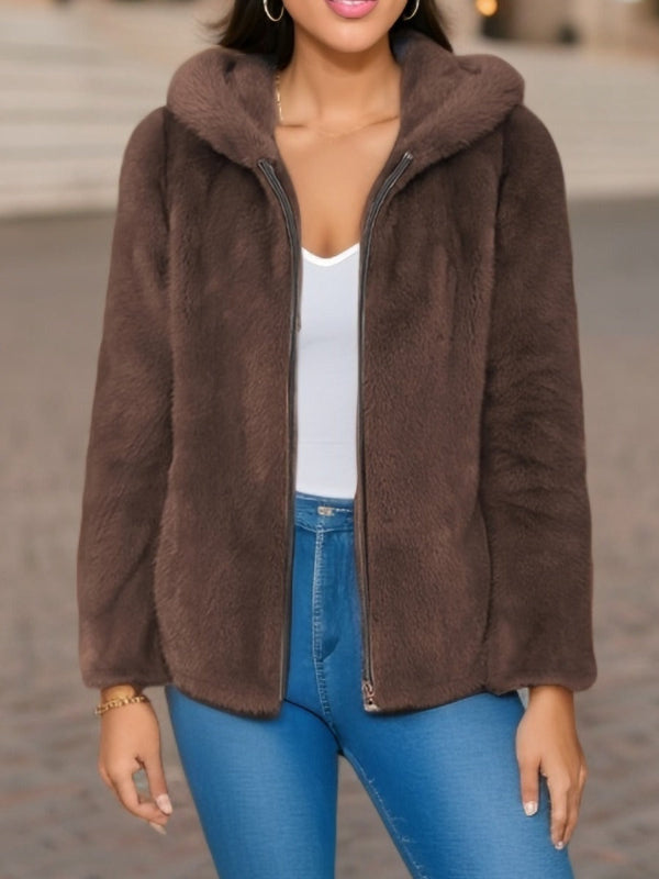 Women's Loose Fit Hooded Faux Fur Jacket with Sherpa Lining and Zip Front