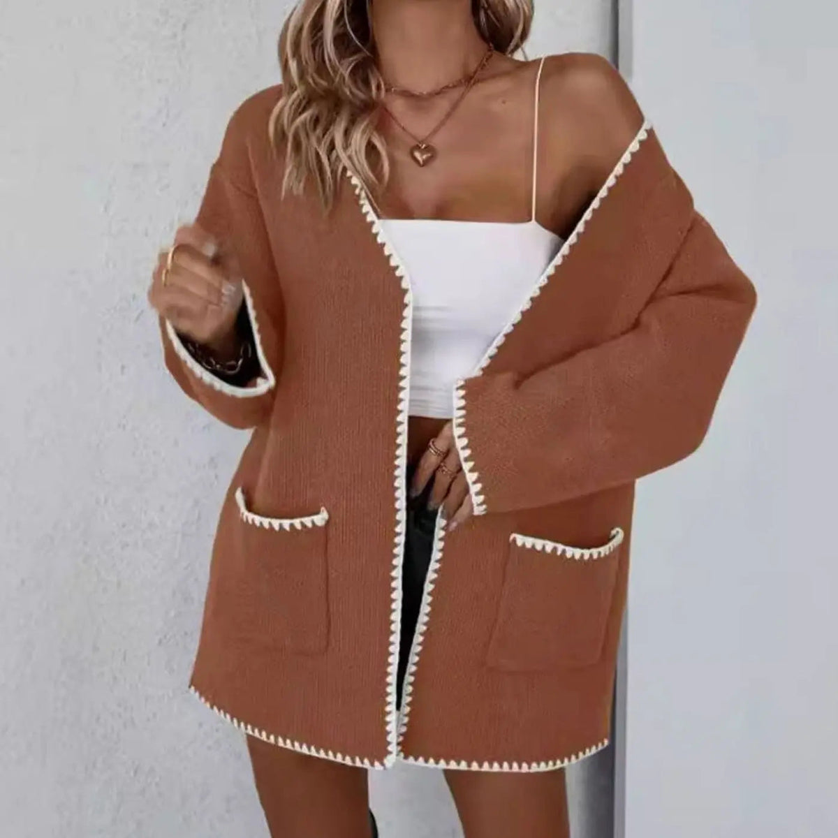 Women's Open-Front Long-Sleeve Knit Cardigan with Contrast Trim and Pockets
