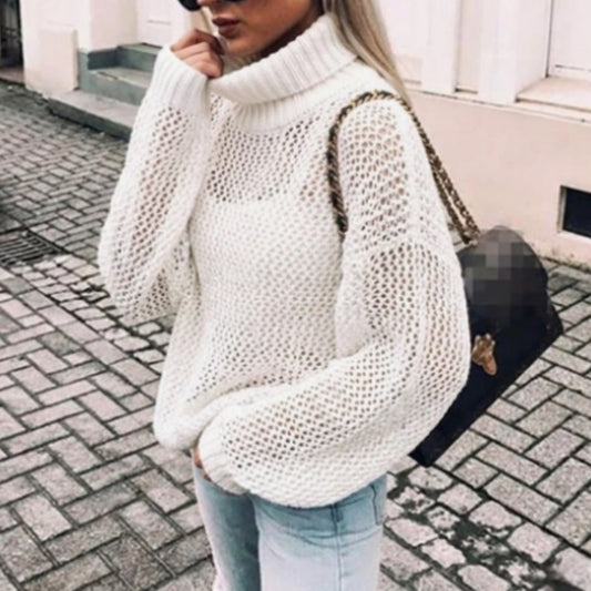 Women's Oversized Chunky Knit Turtleneck Sweater with Balloon Sleeves