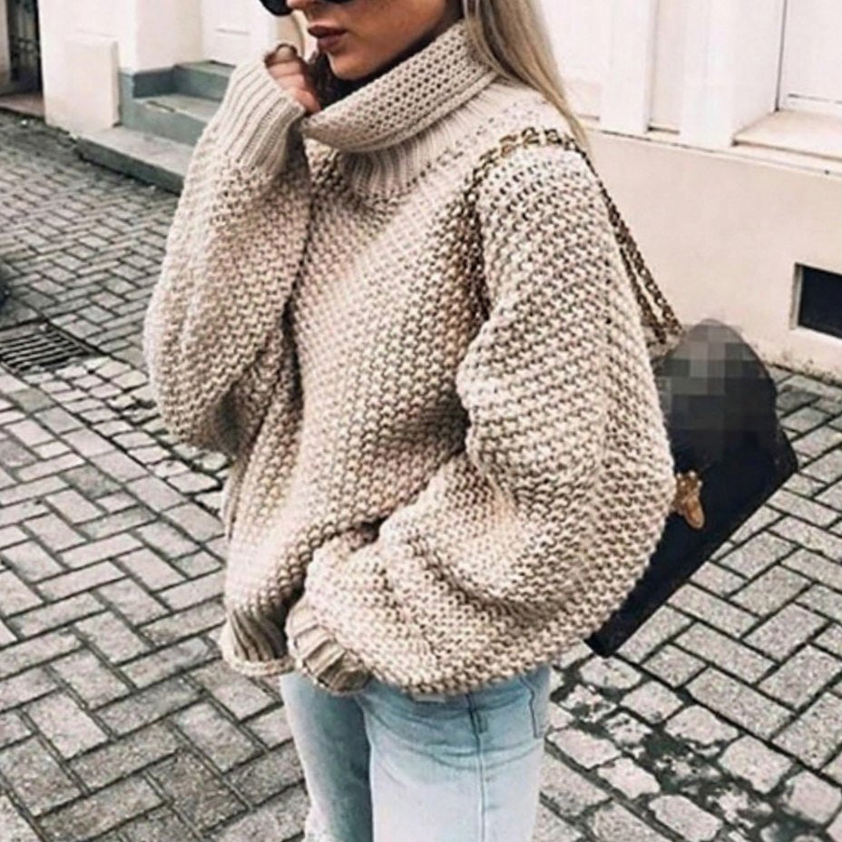 Women's Oversized Chunky Knit Turtleneck Sweater with Balloon Sleeves