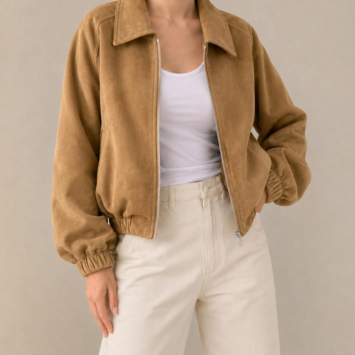 Women's Oversized Faux Suede Cropped Zip-Up Jacket