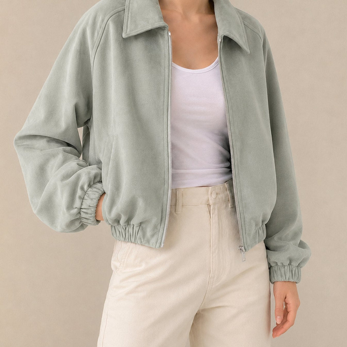 Women's Oversized Faux Suede Cropped Zip-Up Jacket