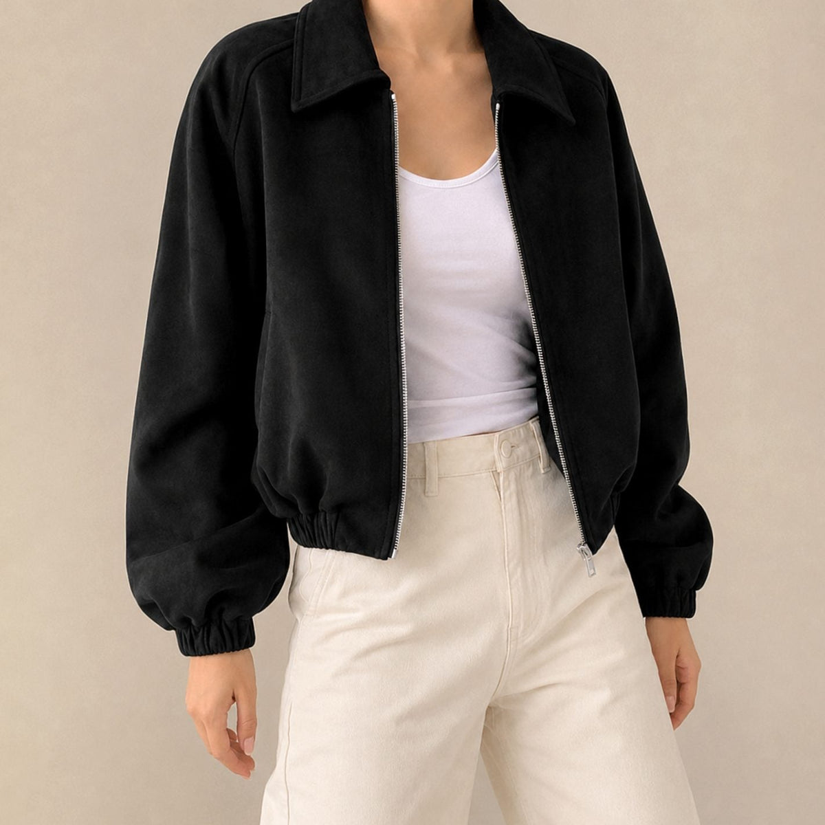 Women's Oversized Faux Suede Cropped Zip-Up Jacket