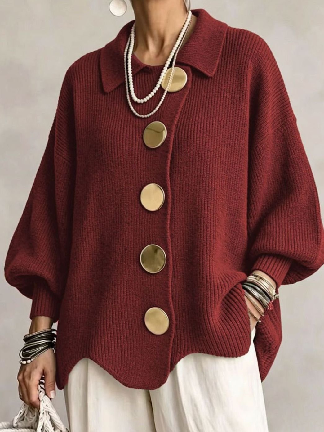 Women's Oversized Knit Cardigan with Gold Buttons and Lantern Sleeves