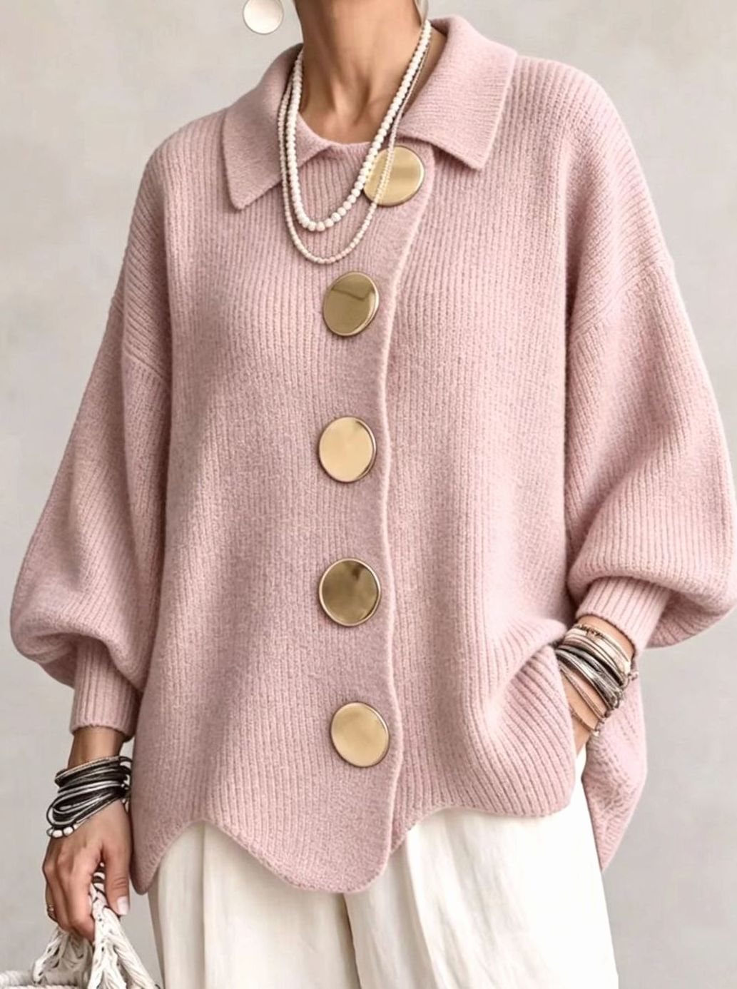Women's Oversized Knit Cardigan with Gold Buttons and Lantern Sleeves