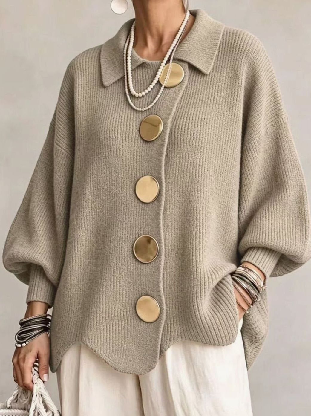 Women's Oversized Knit Cardigan with Gold Buttons and Lantern Sleeves