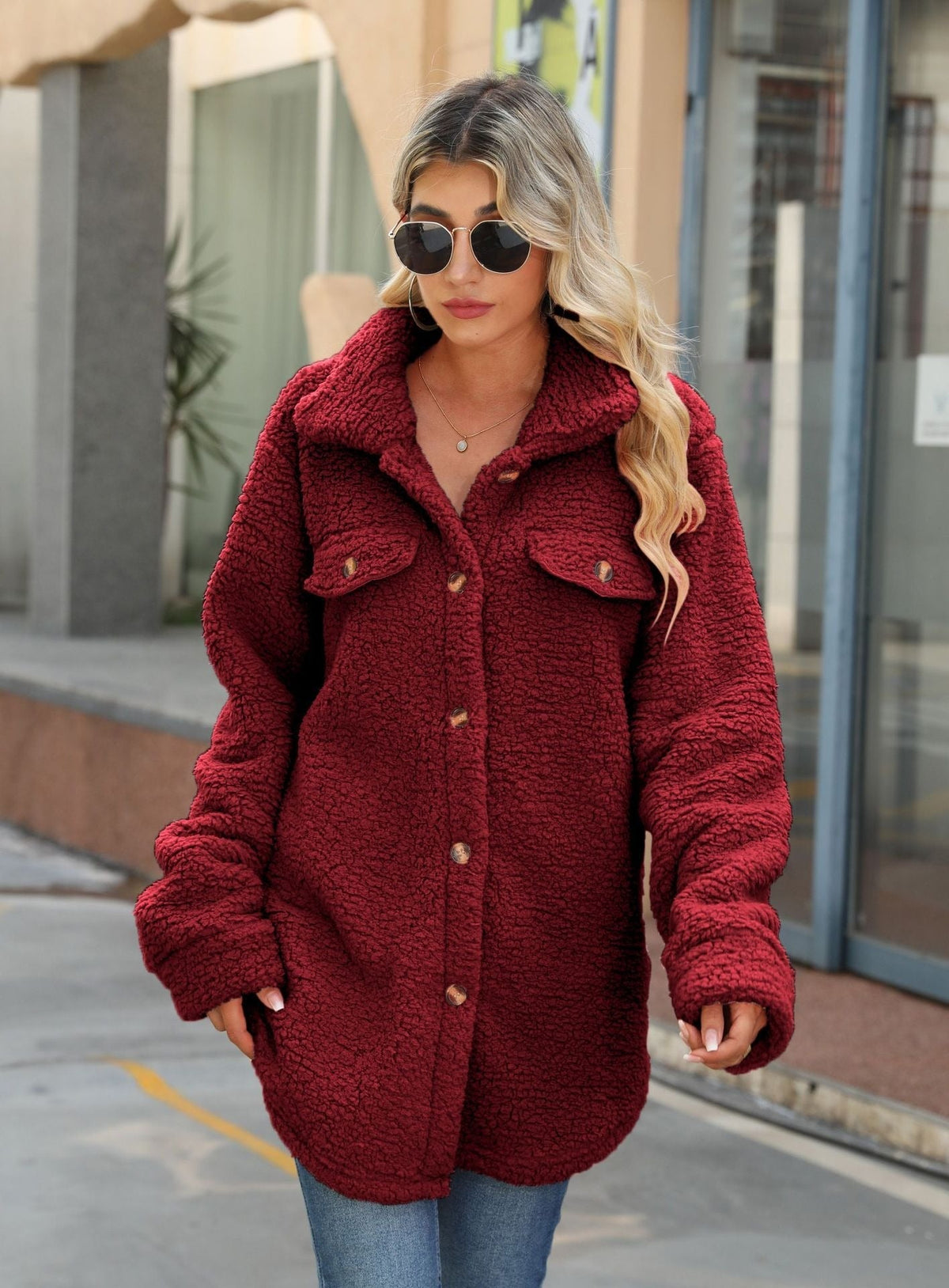 Women's Oversized Long Button-Front Shacket with Patch Pockets