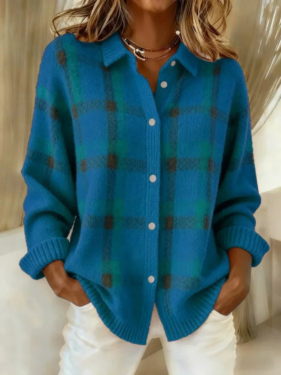 Women's Oversized Plaid Knit Button-Up Cardigan Jacket