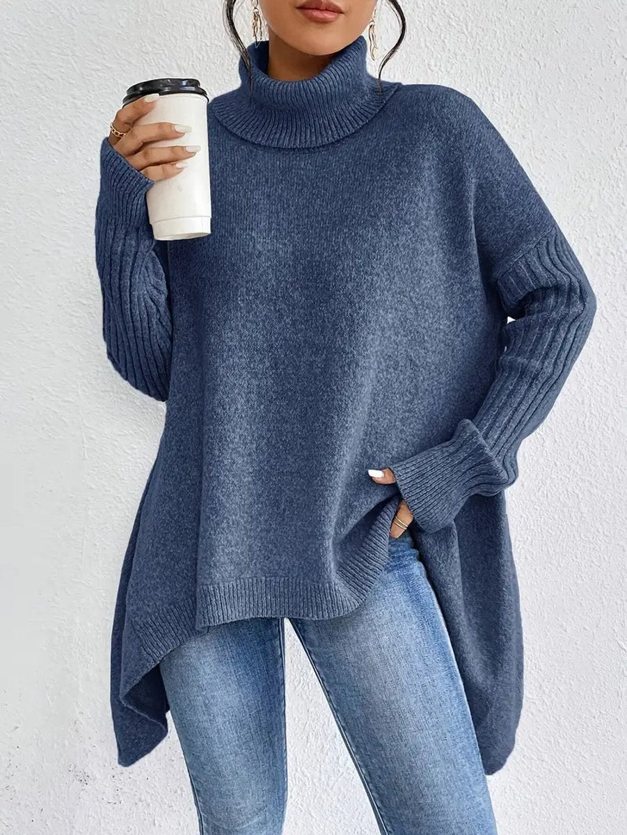 Women's Oversized Ribbed Turtleneck Sweater – Long Knit Design in Ocean Blue, Stone Grey, Espresso Brown, Pine Green, Desert Khaki