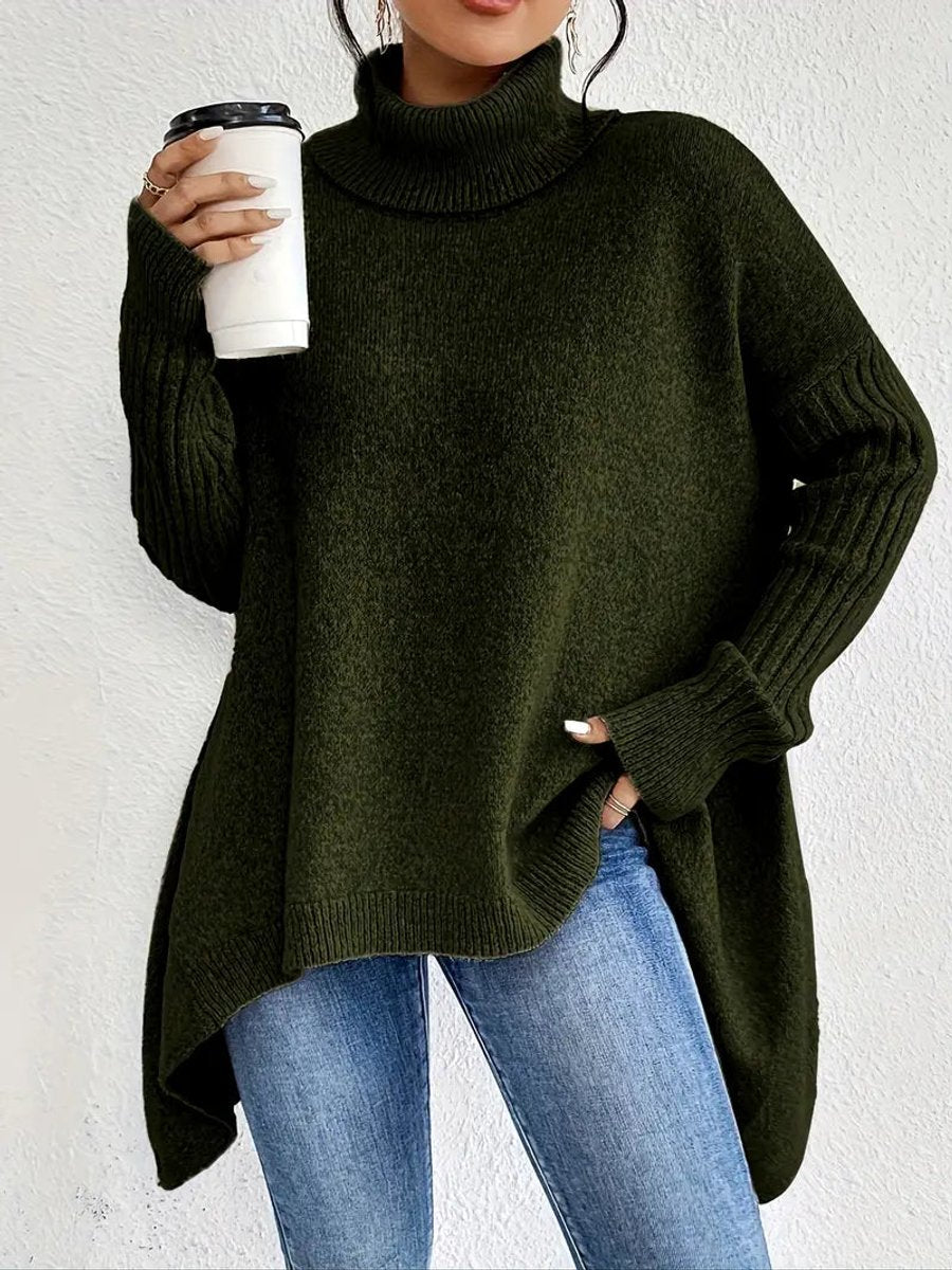 Women's Oversized Ribbed Turtleneck Sweater – Long Knit Design in Ocean Blue, Stone Grey, Espresso Brown, Pine Green, Desert Khaki