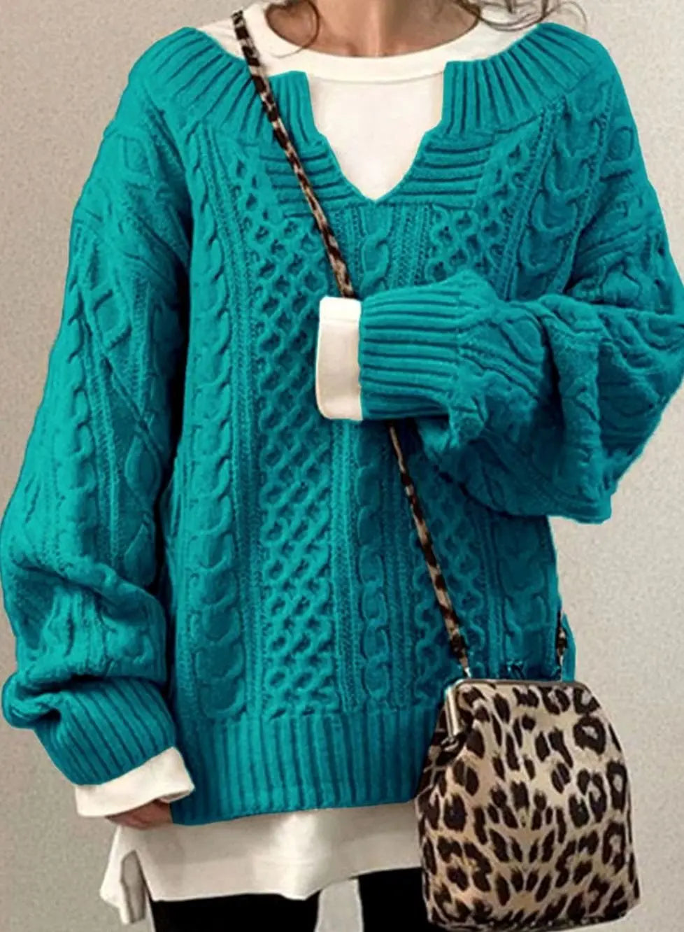 Women's Oversized V-Neck Layered Cable Knit Sweater
