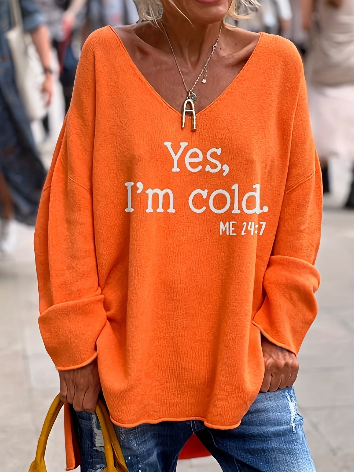 Women's Oversized V-Neck Sweater with Pattern