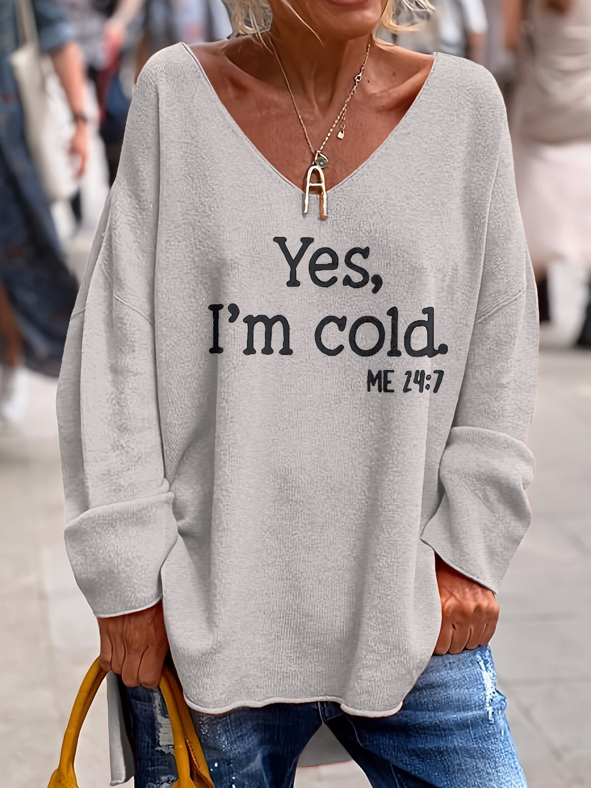 Women's Oversized V-Neck Sweater with Pattern