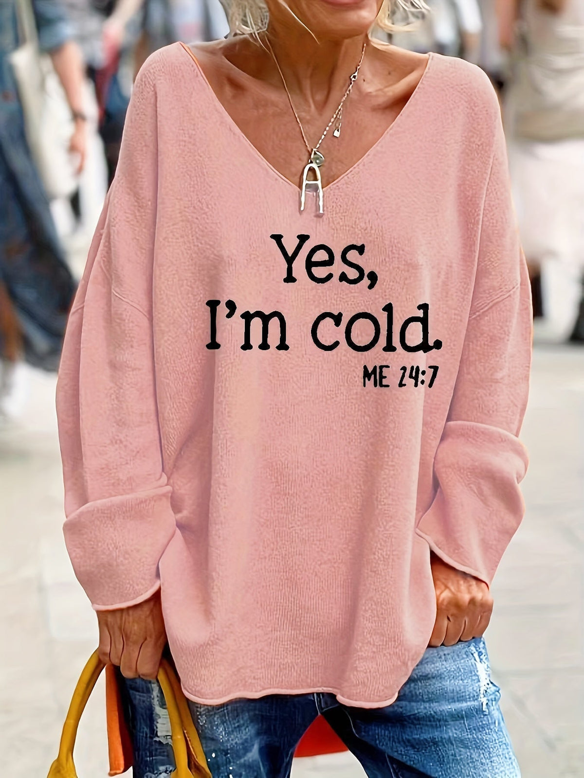 Women's Oversized V-Neck Sweater with Pattern