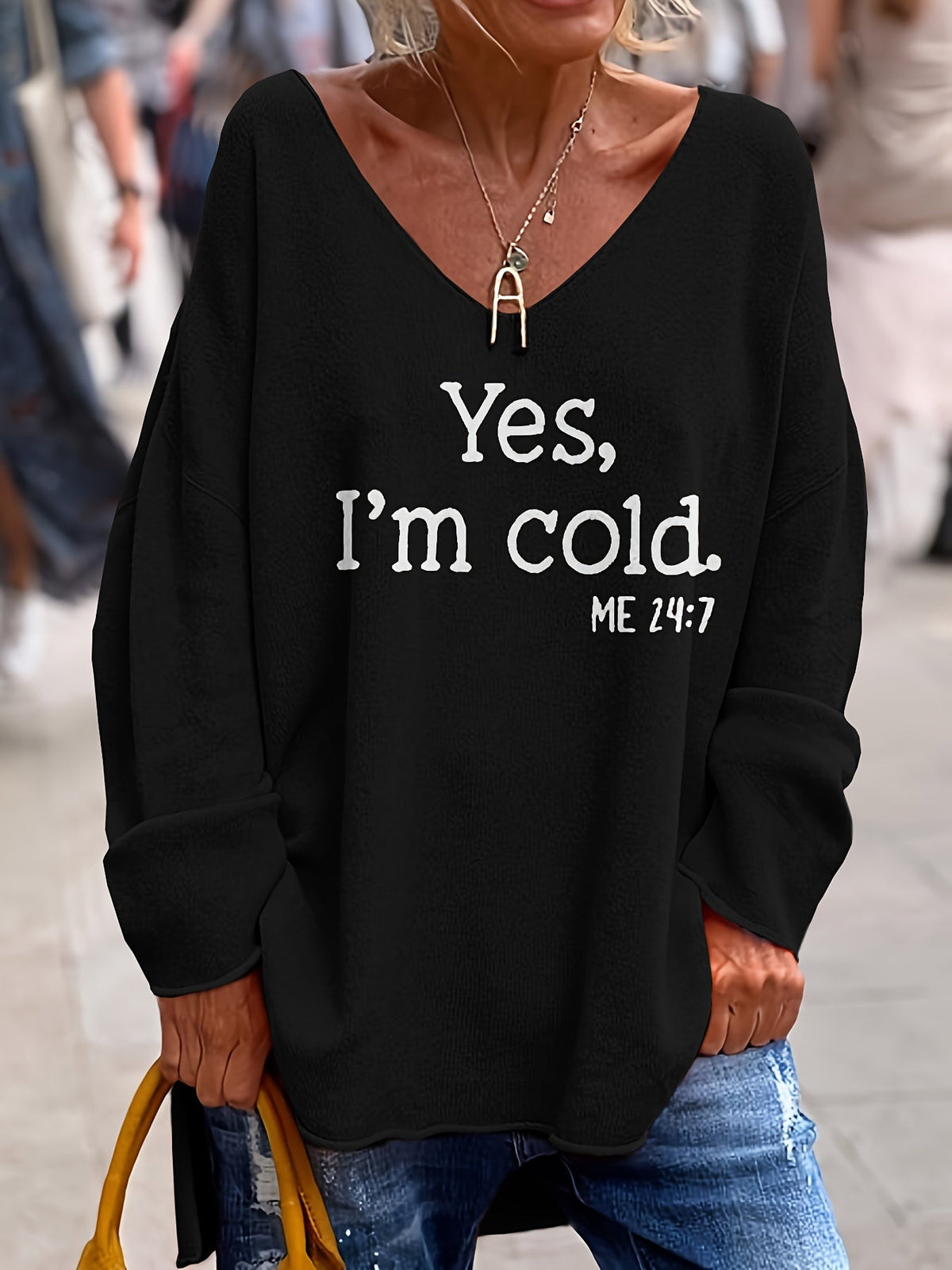 Women's Oversized V-Neck Sweater with Pattern