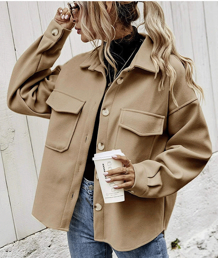 Women's Oversized Wool-Blend Winter Jacket with Button Front and Chest Flap Pockets