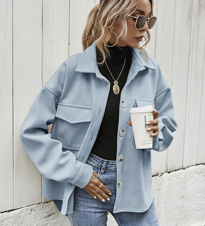 Women's Oversized Wool-Blend Winter Jacket with Button Front and Chest Flap Pockets