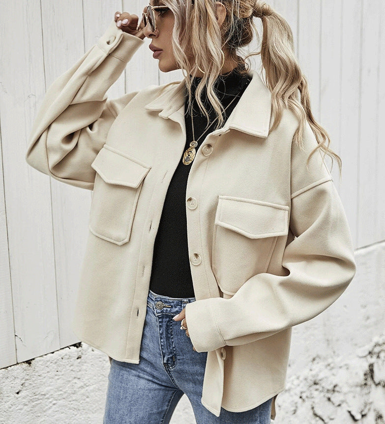 Women's Oversized Wool-Blend Winter Jacket with Button Front and Chest Flap Pockets