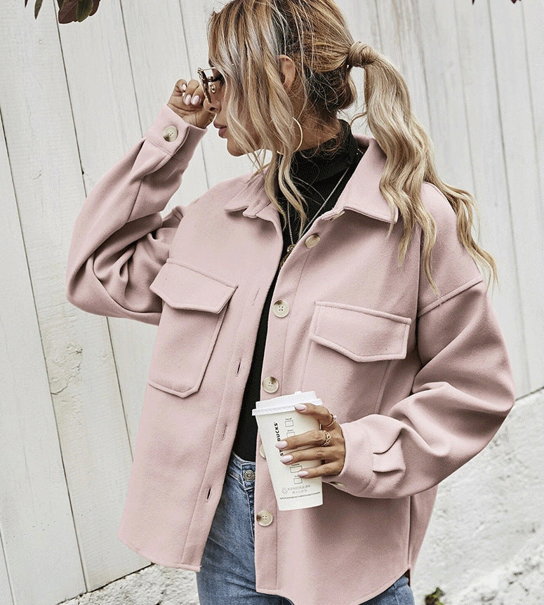Women's Oversized Wool-Blend Winter Jacket with Button Front and Chest Flap Pockets