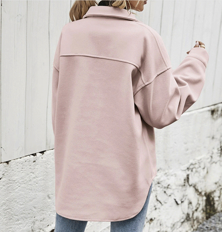 Women's Oversized Wool-Blend Winter Jacket with Button Front and Chest Flap Pockets