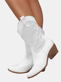 Women's Perforated Suede Block Heel Mid-Calf Boots