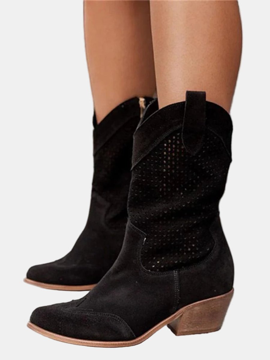 Women's Perforated Suede Block Heel Mid-Calf Boots