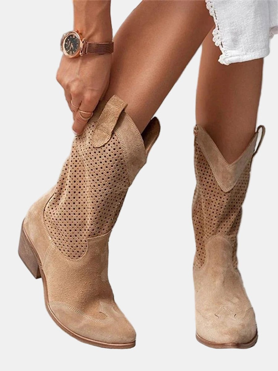 Women's Perforated Suede Block Heel Mid-Calf Boots