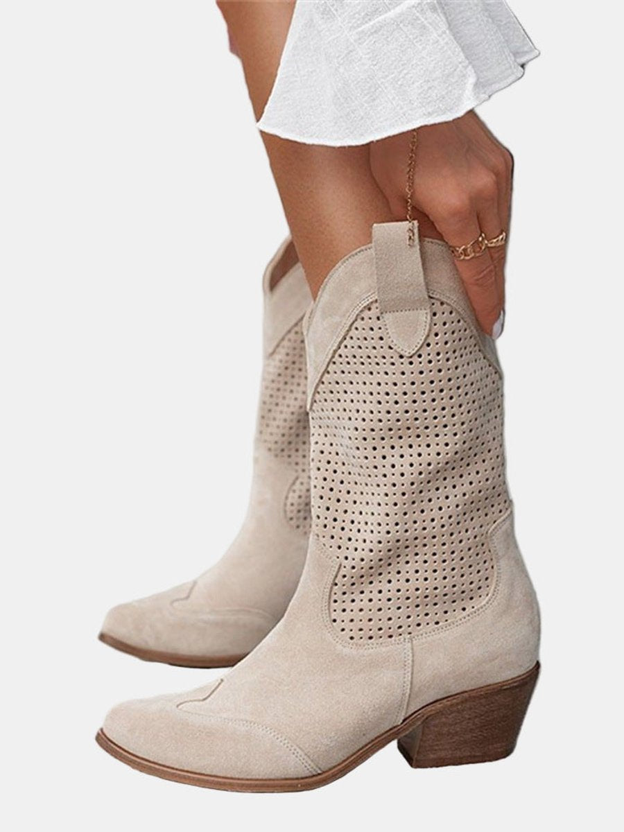 Women's Perforated Suede Block Heel Mid-Calf Boots