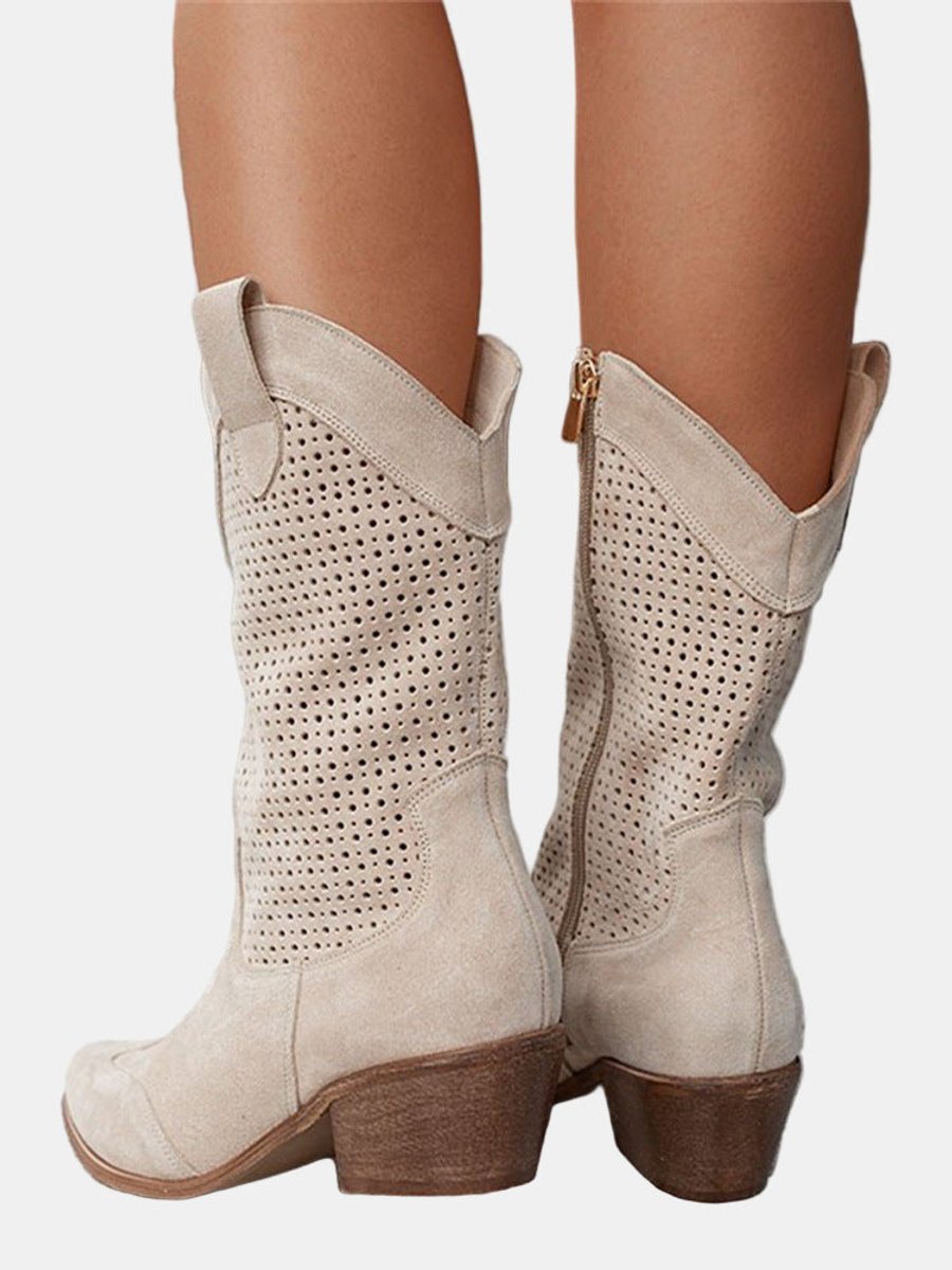 Women's Perforated Suede Block Heel Mid-Calf Boots