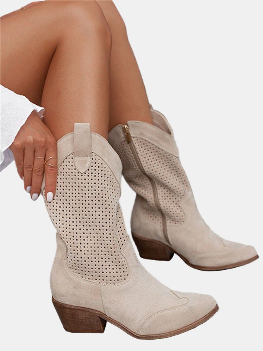 Women's Perforated Suede Block Heel Mid-Calf Boots
