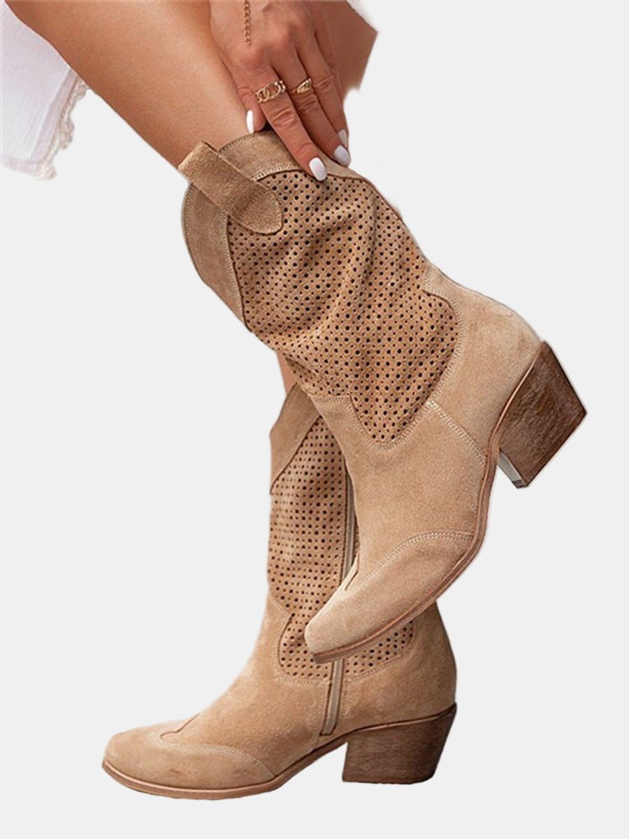 Women's Perforated Suede Block Heel Mid-Calf Boots