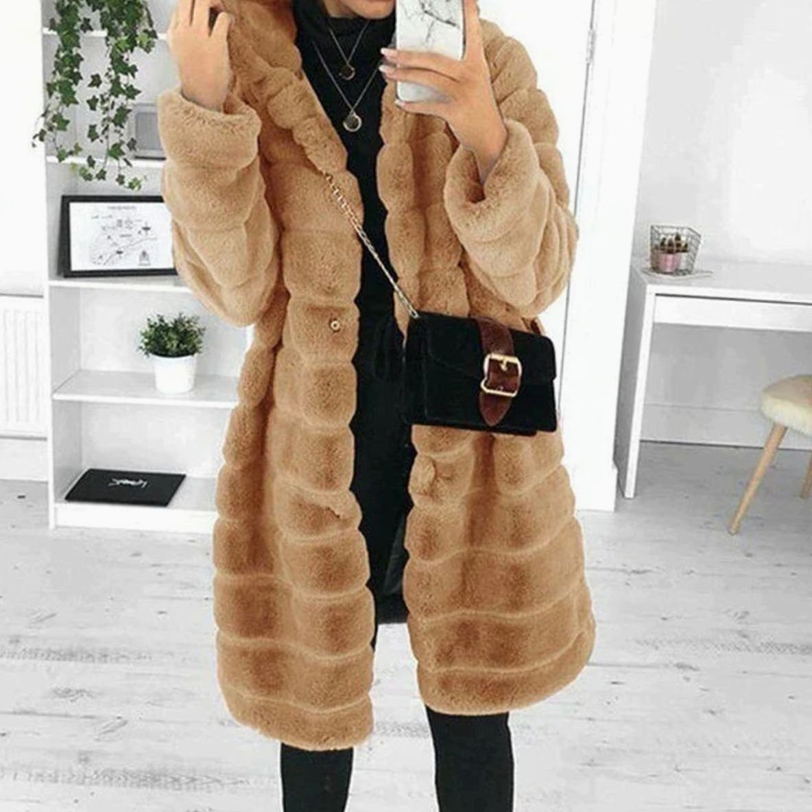 Women's Plush Hooded Button-Down Faux Fur Coat