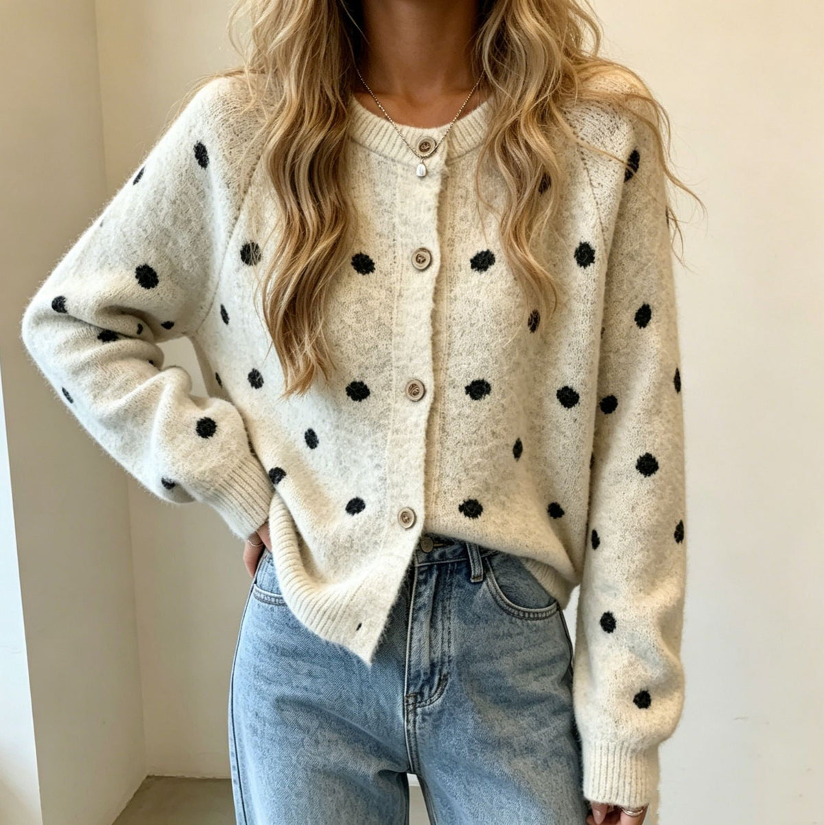 Women's Polka Dot Mohair-Style Round Neck Button Cardigan