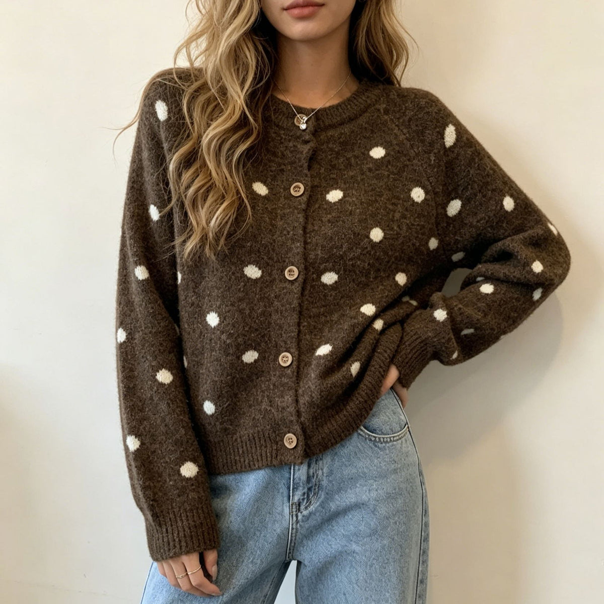 Women's Polka Dot Mohair-Style Round Neck Button Cardigan