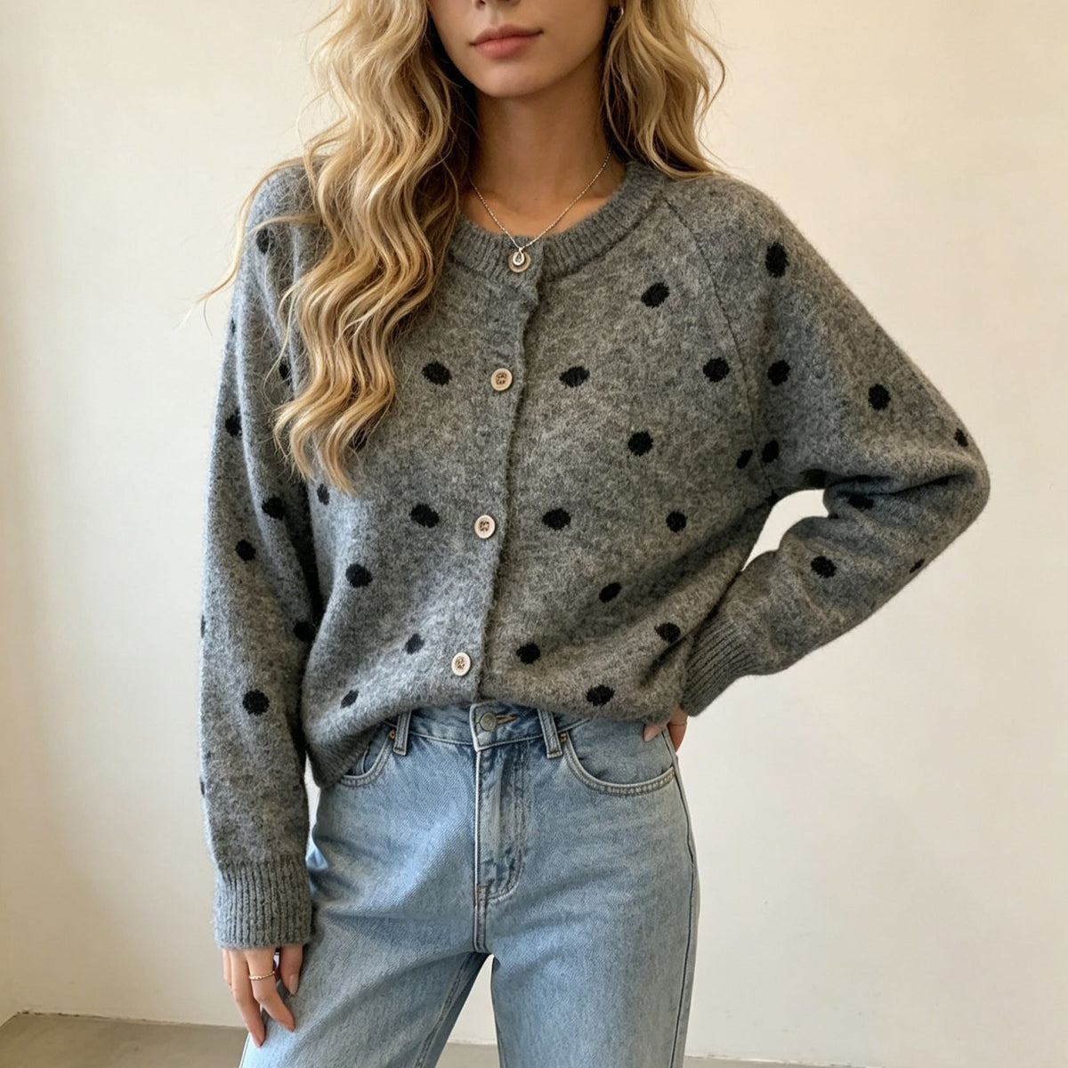 Women's Polka Dot Mohair-Style Round Neck Button Cardigan