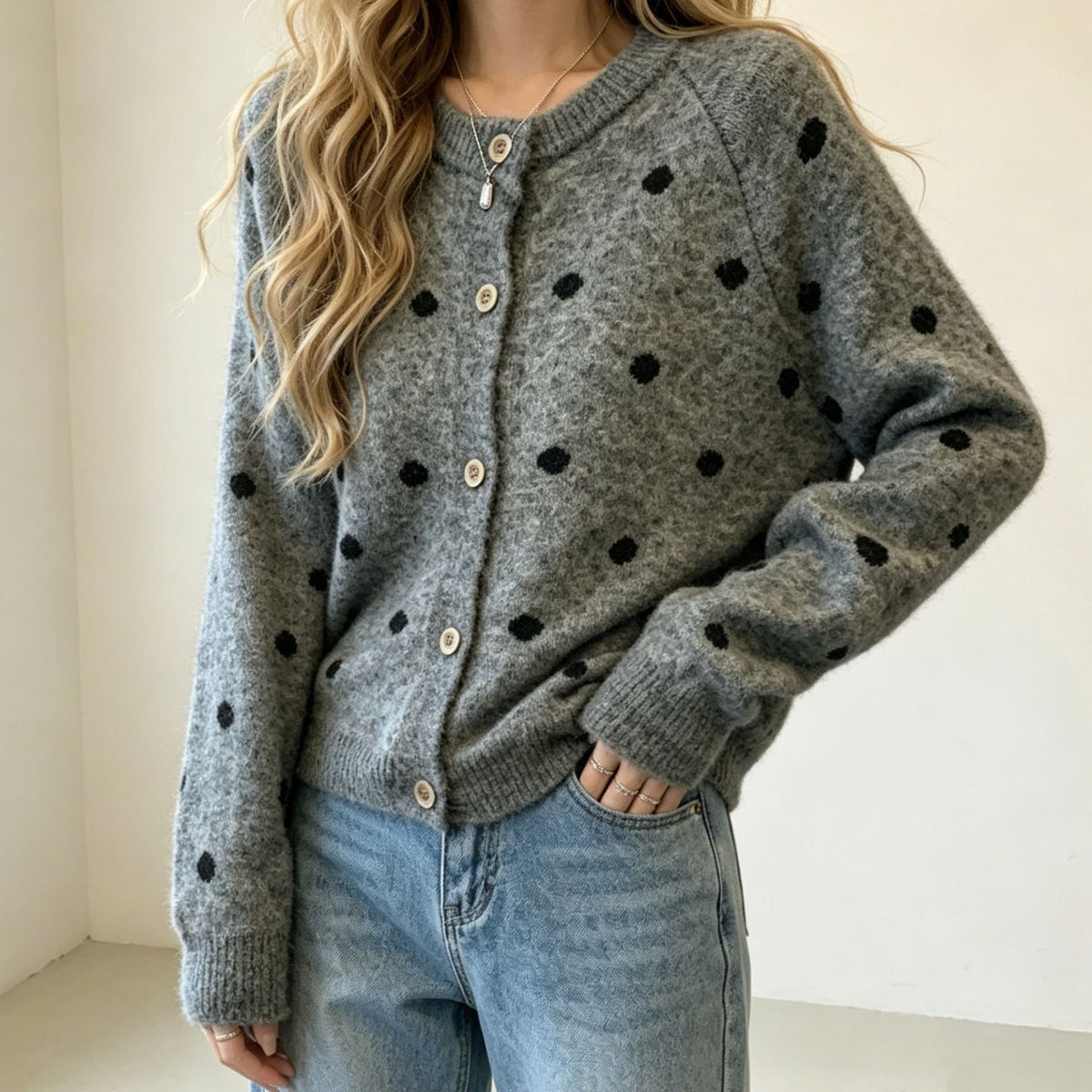 Women's Polka Dot Mohair-Style Round Neck Button Cardigan