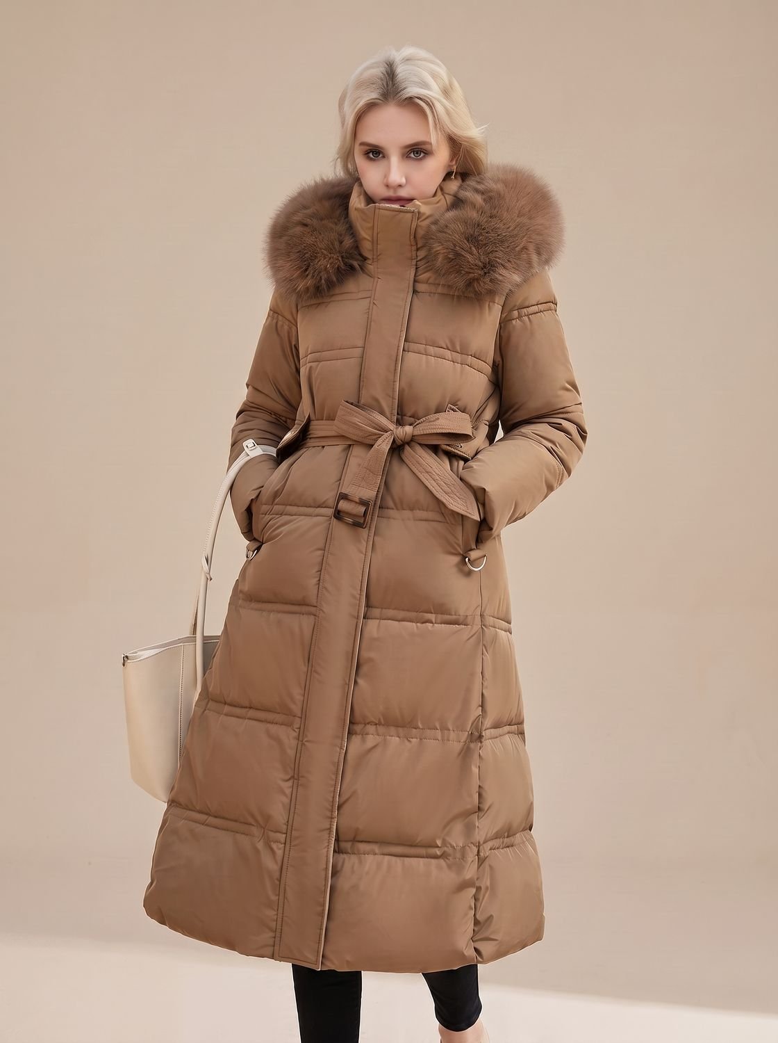 Women's Quilted Fur-Hood Full-Length Puffer Coat