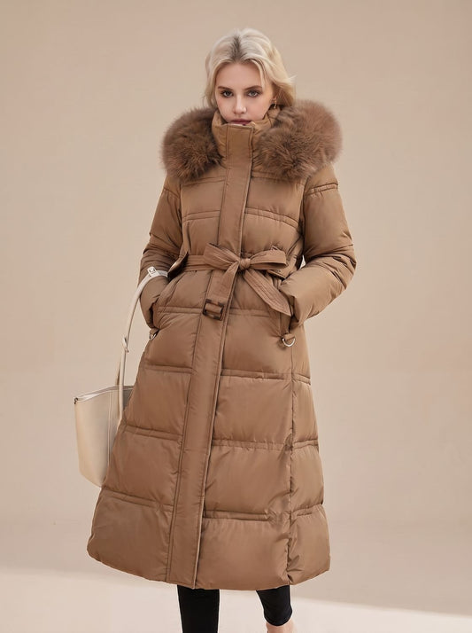 Women's Quilted Fur-Hood Full-Length Puffer Coat